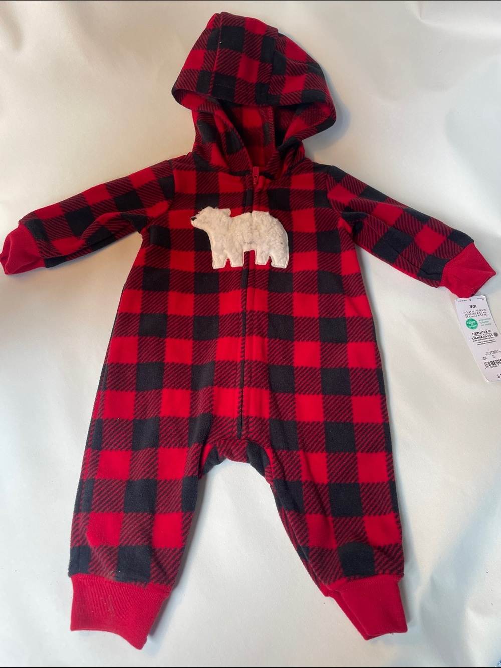 Carter's Red and Black Buffalo Plaid Hooded One-Piece with Cream Bear Applique